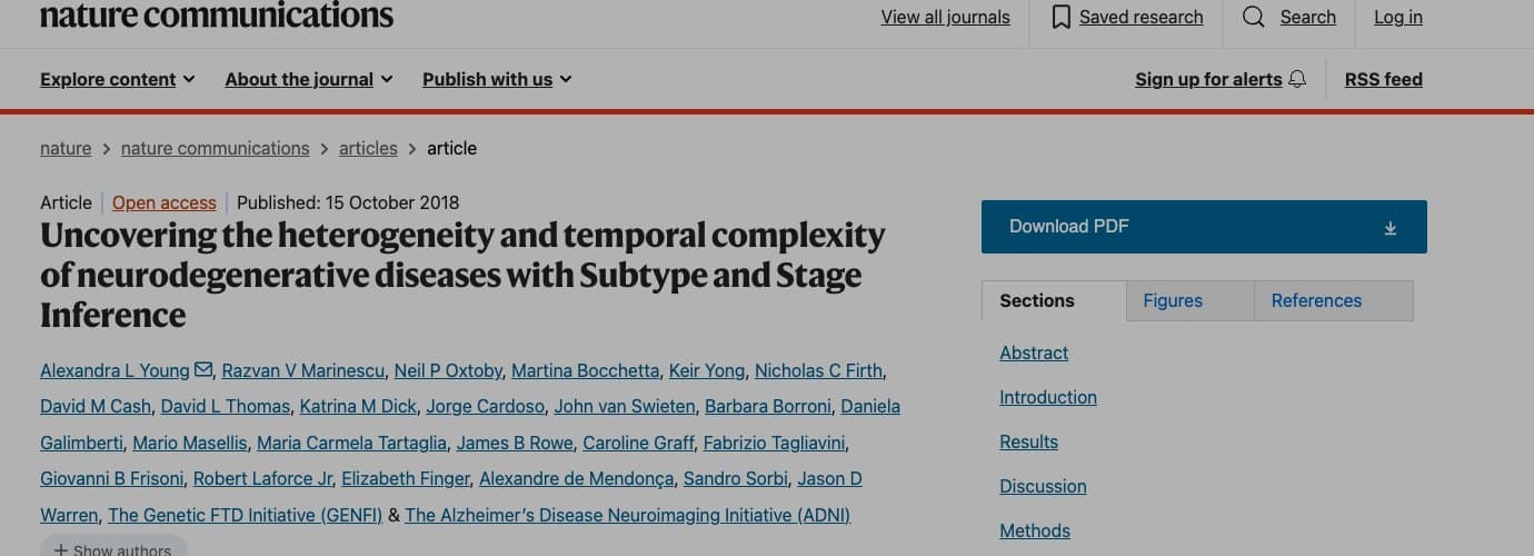 Screenshot of the Nature Communications article that introduced Subtype and Stage Inference (SuStaIn)
